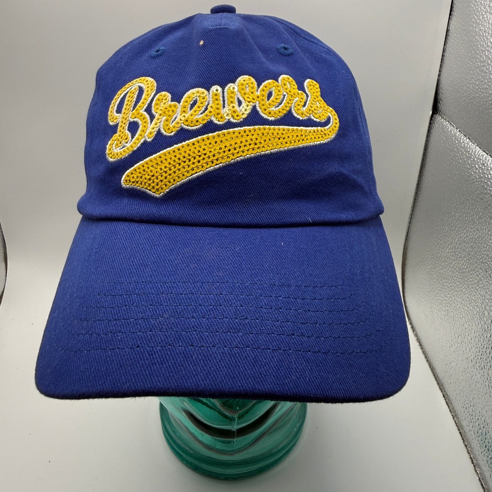 47 Brand Milwaukee Brewers Womens Sequin Logo Adjustable Baseball Hat Royal Blue